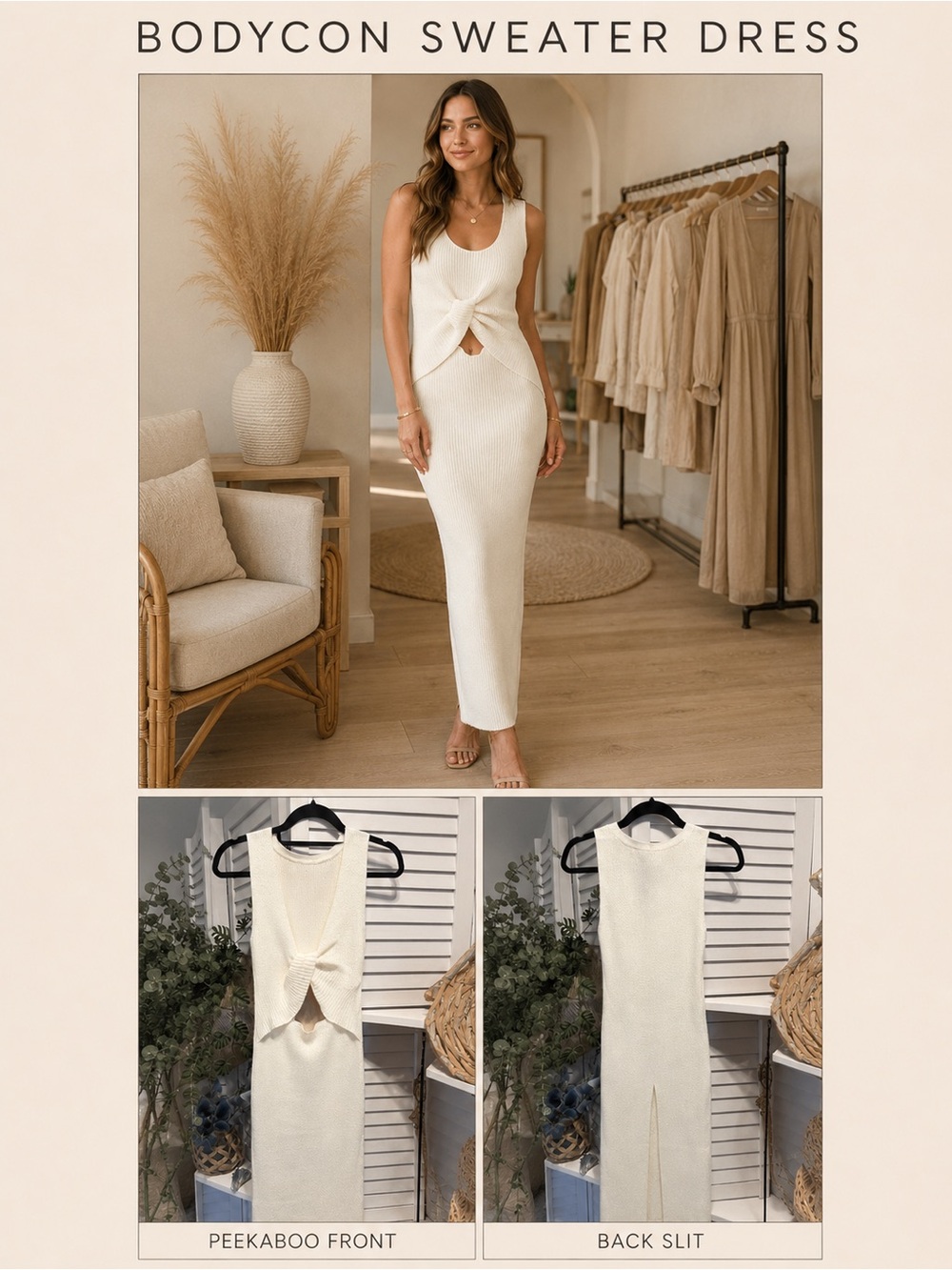 En Creme Cream Sleeveless Twist Front Maxi Bodycon Dress